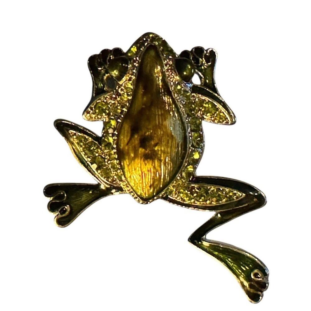 Vtg Lauren Conrad Enamel Leaping Frog Brooch Gold Tone‎ Rhinestone Pin Signed LC